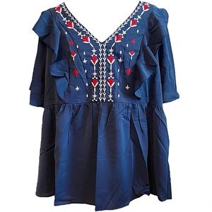 NWT BloomChic Navy Blue Embroidered V Neck Ruffle Sleeve Blouse